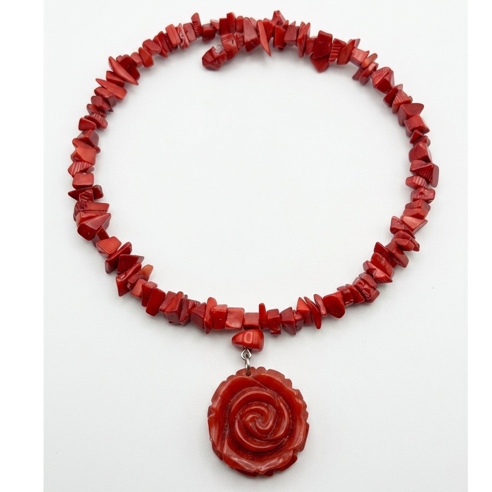 Vintage Red Coral Chip Necklace Carved Rose Flower Pendant Boho Statement Choker
